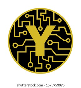 Y Initial Letter Logo Design in Circle Printed Circuit Board With Yellow and Black Colors Isolated on White Background