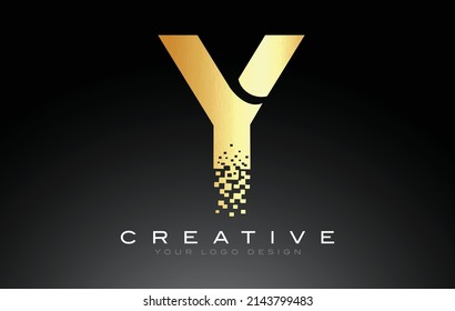 Y Initial Letter Logo Design with Digital Pixels in Golden Colors.