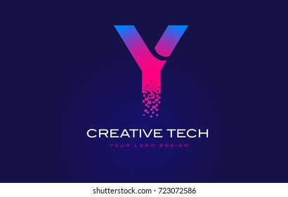Y Initial Letter Logo Design with Digital Pixels in Blue and Purple Colors.