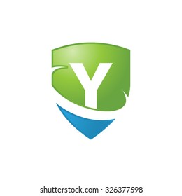 Y initial swoosh shield logo blue green