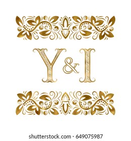 Y and I initials vintage logo. The letters surrounded by ornamental elements. Wedding or business partners monogram in royal style.