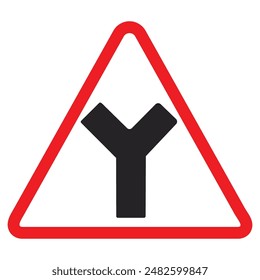 Y inter section warning sign, red triangle, black arrow, traffic symbol, Cautionary Road Sign.