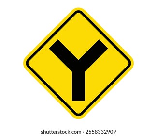 Y Intersection Ahead Warning Sign Featuring a Yellow Diamond Shape with Black Y Symbol, Indicating an Upcoming Y Intersection, Available as a Vector File