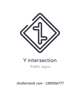 y intersection outline icon. isolated line vector illustration from traffic signs collection. editable thin stroke y intersection icon on white background