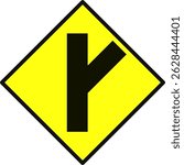 Y intersection traffic warning sign in yellow diamond shape. Road sign indicating merging or forked road ahead. Used in traffic guidance and driving alert