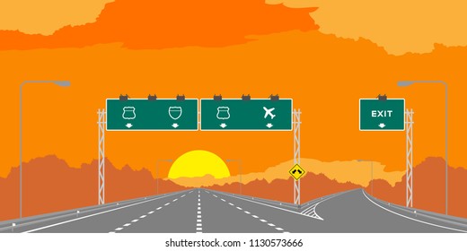 Y junction Highway or motorway and green signage in surise, sunset time illustration isolated on orange sky background