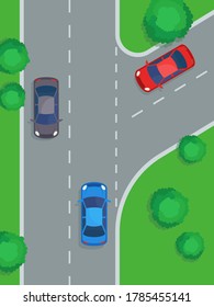 Y junction, three-way intersection of roads, template.  Cars on crossing roads. Vector illustration, flat design.