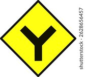 Y junction traffic road sign vector icon on yellow diamond. Road splitting ahead symbol for driving warning or transport safety, isolated highway caution sign.