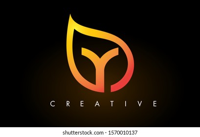 Y Leaf Logo Letter Design with Golden Leaf Outline Vector Illustration.