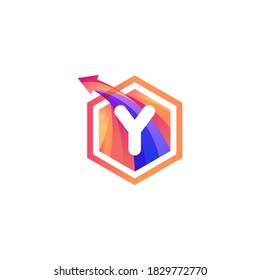 y letter abstract hexagon with arrow colorful logo design