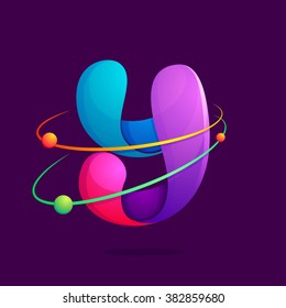 Y letter with atoms orbits. Font style, vector design template elements for your application or corporate identity.