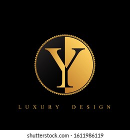 Y letter with black and golden colors in circle frame vector illustration. Modern letter for logo, label, cover, card, invitation, book title, first page, gold business name, shop, boutique, web page.