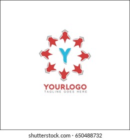 Y letter brand identity. Vector graphic elegant sliced alphabet symbol with star element on circle in silver and red color.
