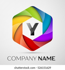 Y Letter colorful logo in the hexagonal on grey background. Vector template for your design