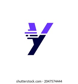 Y Letter Dash Lowercase Tech Digital Fast Quick Delivery Movement Blue Logo Vector Icon Illustration