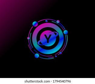 Diseño de letras Y. Planeta de anillo moderno con línea de órbita. Colorido logo del planeta de geometría abstracta.