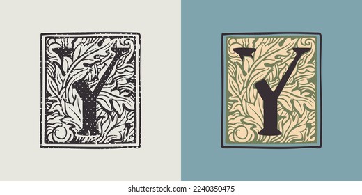 Y letter drop cap logo in engraved medieval style. Set of dim colored and monochrome square shaped illuminated initials. Perfect for vintage premium identity, Middle Ages posters, luxury packaging.