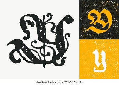 Y letter drop cap logo. Illuminated initial and blackletter uppercase and lowercase. All you need to precisely imitate medieval text. Decorative element for the beginning of a paragraph or section.