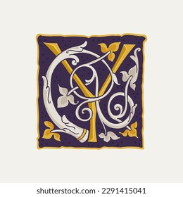 Y letter drop cap logo. Square medieval initial with gold texture and white vine. Renaissance calligraphy emblem. Vector premium elements for luxury identity, vintage package, engraved charter, etc.