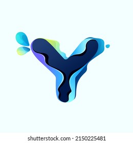 Y letter eco logo with blue dew drops in hologram glitch style. Environment friendly icon with color shift and illusion effect. Vector idea for waste recycling identity or organic merchandise.