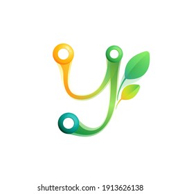 Y letter eco logo with colorful spheres or dots and connecting lines. Vector green icon perfect to use in any agriculture labels, science posters, spring identity, etc.