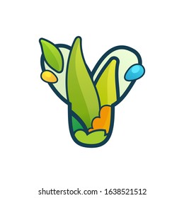 Y letter eco logo with green leaves and dew drops. Vector ornate typeface for natural labels, organic company, vegan posters etc.