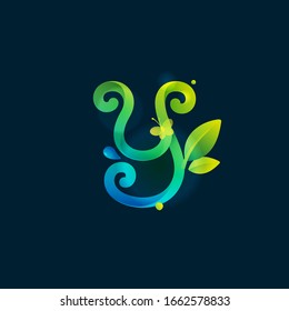 Y letter eco logo with green curved lines, leaves and dew drops. Vector handwritten script font for nature labels, bio company, spring posters etc.