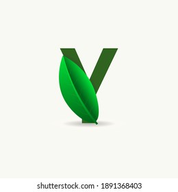 Y letter eco logo with leaf. Vector font for nature posters, eco friendly emblem, vegan identity, herbal and botanical cards etc.