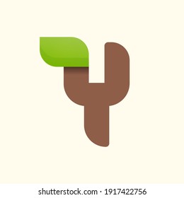 Y letter eco logo with leaf. Vector font for bio posters, spa emblem, vegan, herbal and botanical cards etc.
