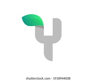 Y letter eco logo with leaf. Vector font for bio posters, spa emblem, vegan, herbal and botanical cards etc.