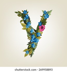 Y letter. Flower  alphabet. Colorful font. Lowercase.  Vector illustration.
