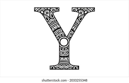 Y letter Flower capital alphabet . Vector illustration Floral, Mandala alphabet. Black and white alphabet letters with flower shaped mandala design