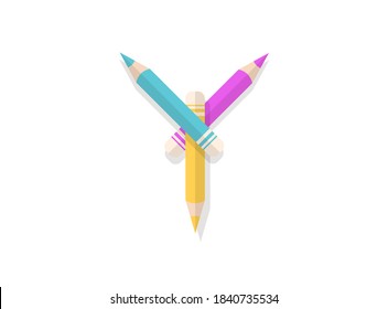 Letra Y hecha con lápices multicolores. Elemento de diseño de vectores para logotipo, banner, carteles, tarjeta, etiquetas, etc. 