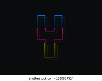 Y letter font, vector design logo. Dynamic, split-color, blue, pink, yellow on black background. Eps10 illustration
