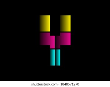 Y letter font, vector logo made of Cmyk color. Dynamic split blue, pink, yellow color on black background. For social media,design elements, creative poster, web template etc.                       