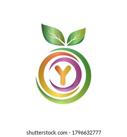 Y letter fruit logo with green leaf and gradient.Y Letter Orange logo design.Y letter circle fruit logo design.Leaf and fruit logo with y letter