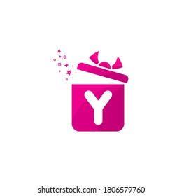 y letter Gift box Logo Design Vector Template.Logo gift template. Letter y in the box for present. Concept design present emblems and signs. Gift box icon pink color.y gift box logo