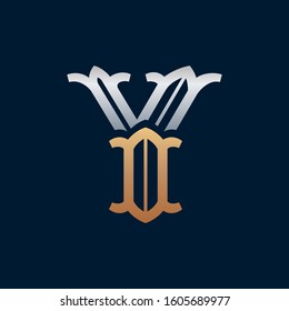 Y letter gold and silver logo in slab serif retro style. Vector crown glossy font for your fashion poster, jewelry badge, vintage banner, boutique card etc.