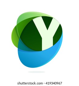 Y letter with green leaves and blue drops. Vector design template elements for your eco application or corporate identity.