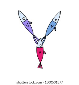 Y letter hand drawn vector illustration sardines form in cartoon style rainbow colors