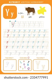 Hoja de trabajo de práctica de escritura a mano con letras Y. Hoja de cálculo de seguimiento de letras de alfabeto para niños con juegos e ilustraciones brillantes. Página Aprendiendo actividad alfabética. Plantilla imprimible.