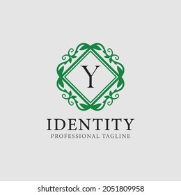 Y letter leaf monogram logo and text badge emblem -  vector image