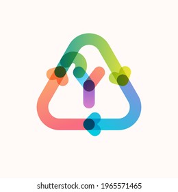 Y letter line logo inside triangular shaped recycling symbol with arrows. Colorful gradient overlay emblem for your eco-friendly Illustrations, and plastic free living and zero waste projects. 