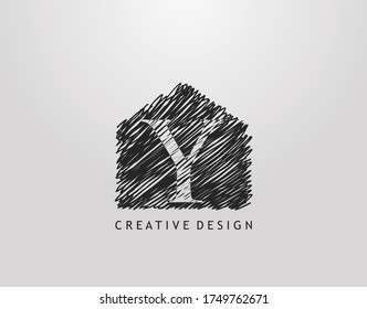 Y Letter Logo. Abstract hand drawn house line stroke shape with negative space of letter Y. Modern, minimalist and retro concept design. 