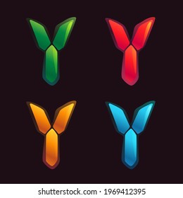 Y letter logo in alarm clock style. Digital font in four color schemes for futuristic company identity, nightlife magazine, expressive posters.