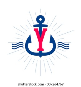 Y letter logo. Anchor and rope vector vintage label, logo, icon design template element. This badge can be used as trademark or a print on fabric.