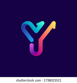 Logo de Y con flechas. Fuente de gradiente brillante vectorial para etiquetas deportivas, titulares de apuestas, afiches multimedia, tarjetas de visita, etc.