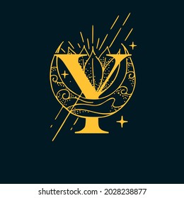 Y letter logo in the astrological style. Hand drawn monogram for magic postcards, medieval style posters, esoteric advertise, luxury ornate T-shirts.