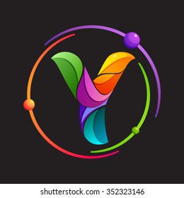 Y letter logo with atomic or space orbits. Abstract trendy multicolored vector design template elements for your application or corporate identity.