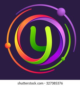 Y letter logo with atoms orbits. Vector design template elements for your application or corporate identity.